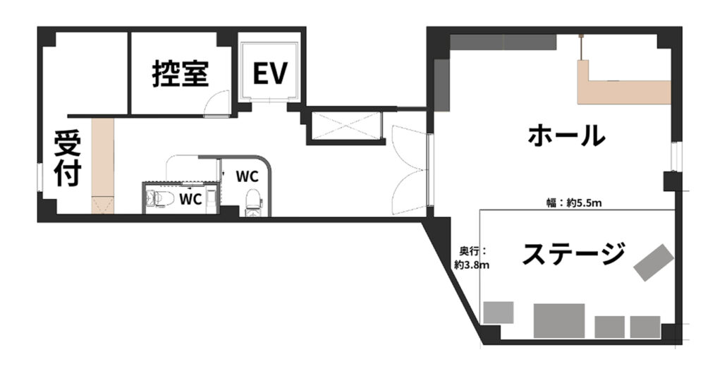 ライブハウスの平面図、ステージサイズやホール、受付や控室のレイアウトを明示している
